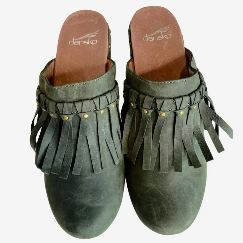 Dansko Women's Deni Olive Suede Fringe And Studded Mules - Picture 3 of 9